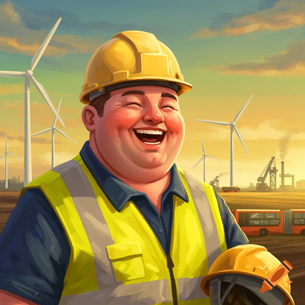 A cheerful man in a hard hat and safety vest laughs heartily, with wind turbines and industrial structures in the background, in an illustrated style.