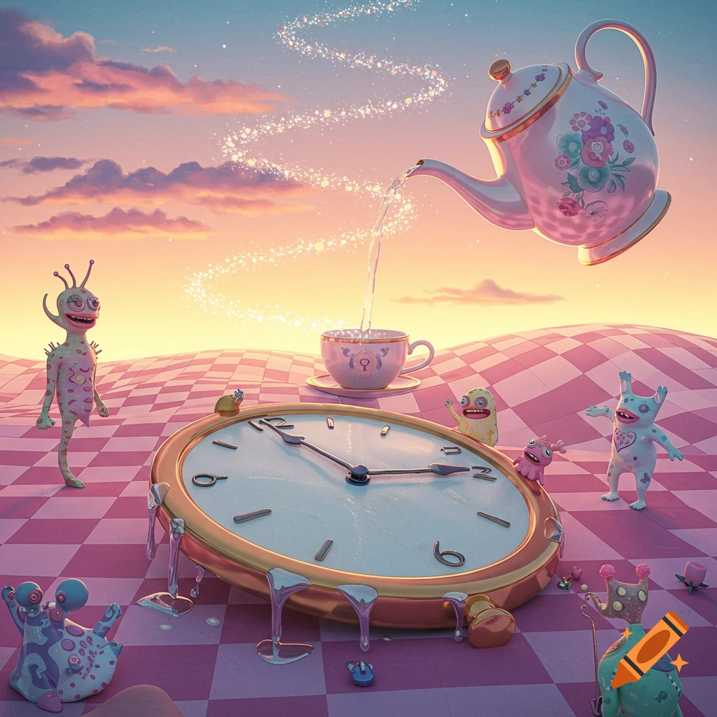 A whimsical, surreal landscape with pink checkered hills, alien-like creatures, a melting clock, and a floating teapot pouring sparkling liquid into a teacup under a pastel sky.