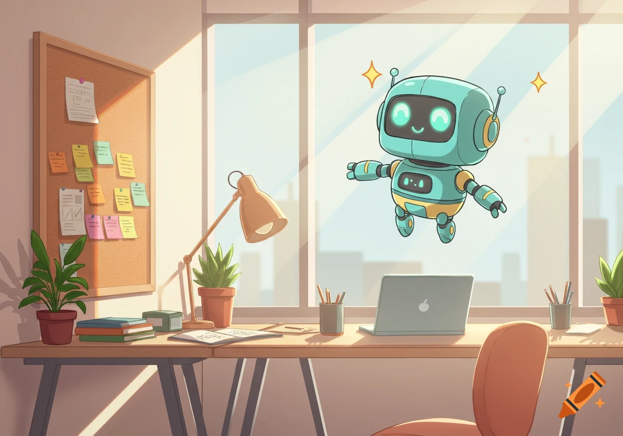 A cute, happy, turquoise cartoon robot floats above a tidy office desk with a laptop, plants, and a cork board in a sunny room.