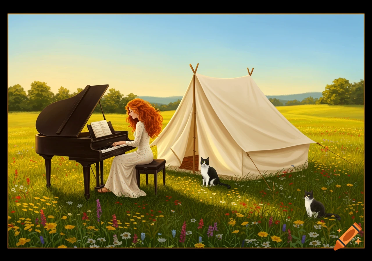 A red-haired woman plays a grand piano in a wildflower meadow next to a tent, with two tuxedo cats watching.