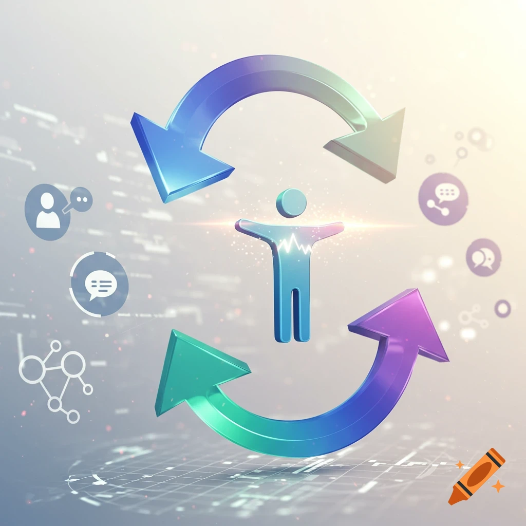 A blue human icon with a heartbeat, surrounded by a looping gradient arrow, and floating icons representing communication and networking.