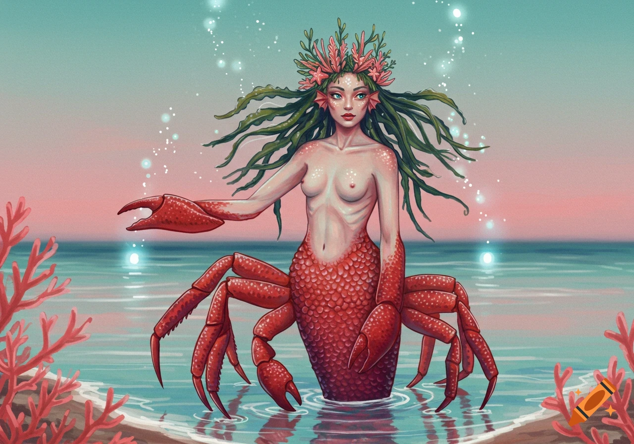 A fantastical crab-woman hybrid creature, with a human torso, crab claws for arms, and a crab-like lower body with multiple legs, stands in shallow ocean water at sunset.