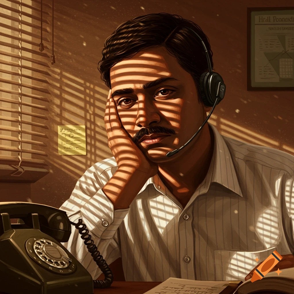 A man with a mustache and headset, resting his face in his hand, sits at a desk with a rotary phone, lit by shadows from blinds.