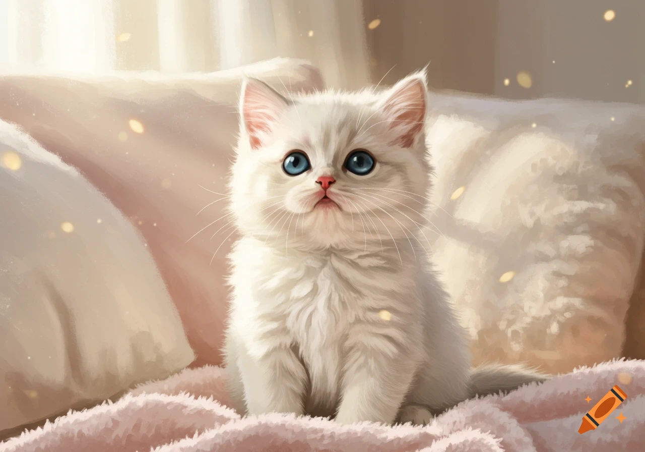 A fluffy white kitten with bright blue eyes sits on a pink blanket, bathed in soft, warm light.