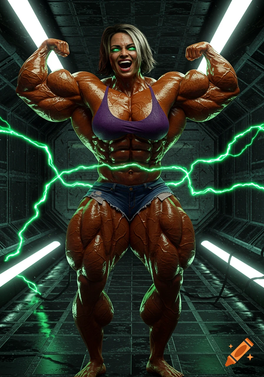 Muscular female bodybuilder flexing in a purple sports bra and jean shorts, with green glowing eyes and lightning in a dark sci-fi chamber.