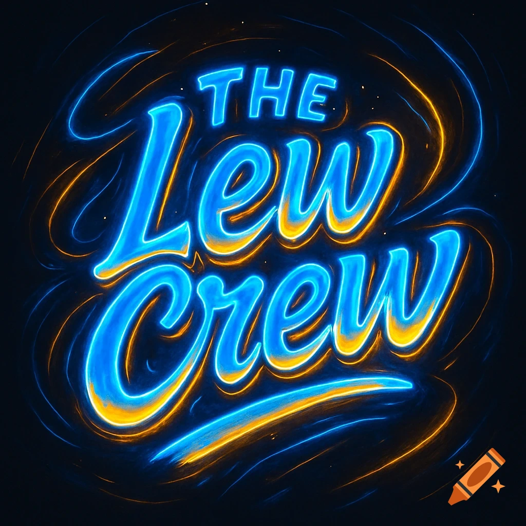 Neon blue and yellow text reads 'The Lew Crew' on a dark background.