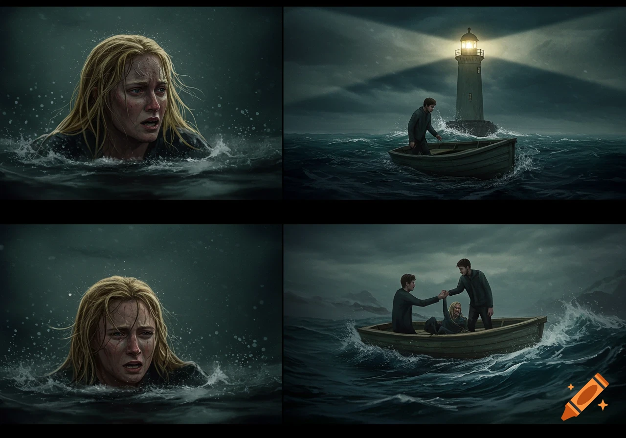 Four panels depict a blonde woman struggling in dark, rough ocean waves, a man in a boat approaching a lighthouse, and a man pulling the woman into a boat.