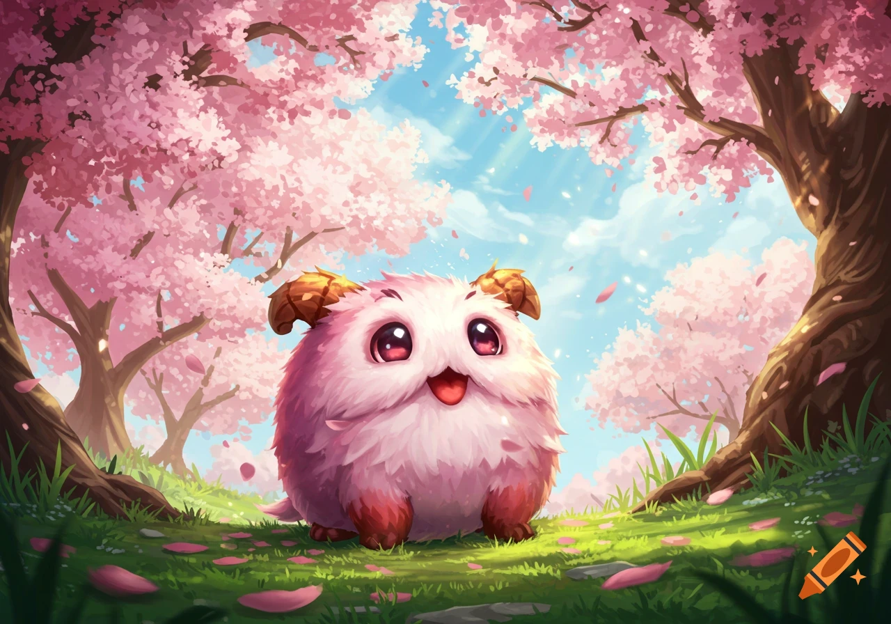 A fluffy pink and white Poro with small horns sits on green grass under blooming cherry blossom trees with falling petals.