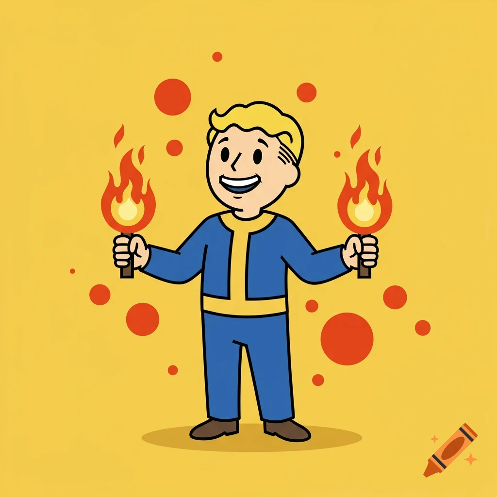 A smiling cartoon character, Vault Boy from Fallout, holds two lit torches on a yellow background with red dots.
