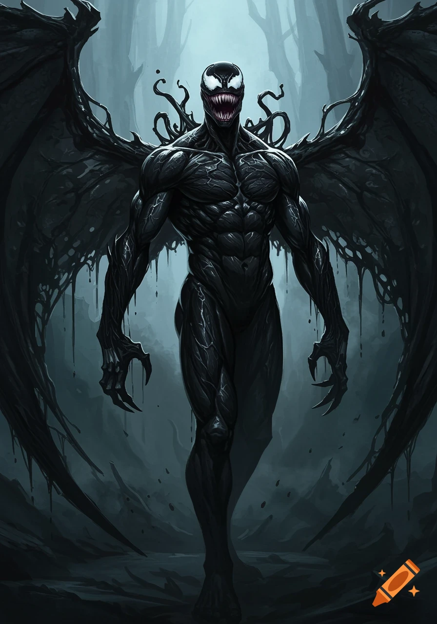 A tall, muscular Venom-like symbiote creature with large, tendril-like wings stands in a dark, misty forest, rendered in a digital art style.