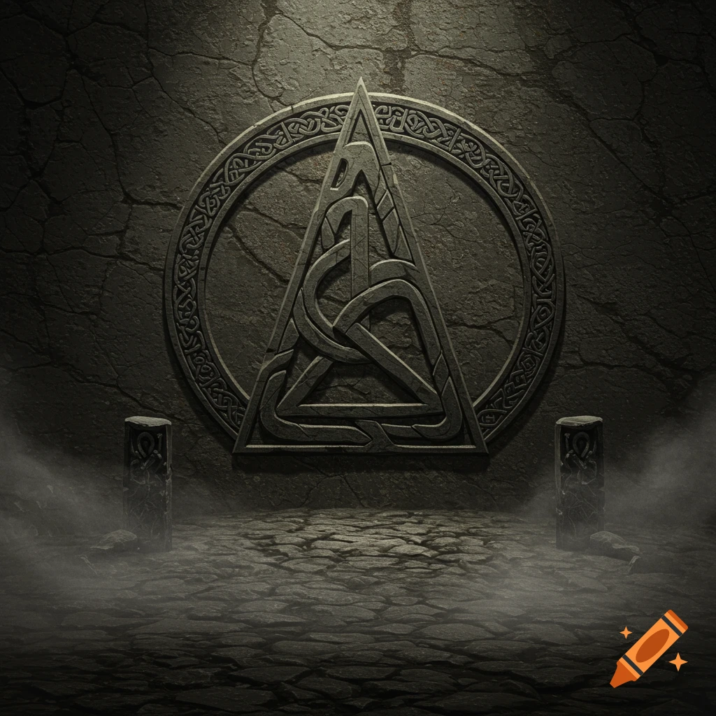 A large, ornate triangular symbol, possibly an Irminsul, carved into a textured stone wall in a dark, ancient setting with mist.