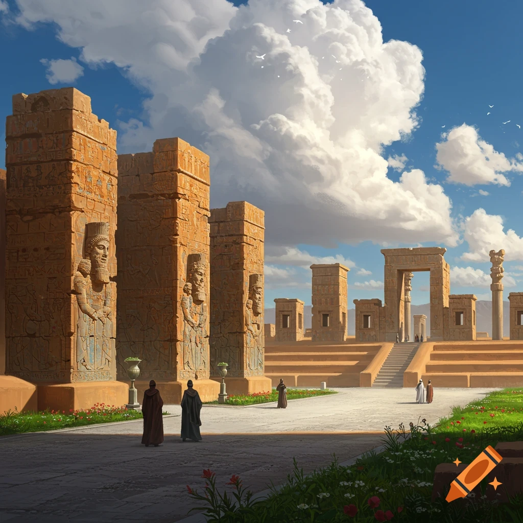 A majestic view of ancient Persepolis under a dramatic sky.