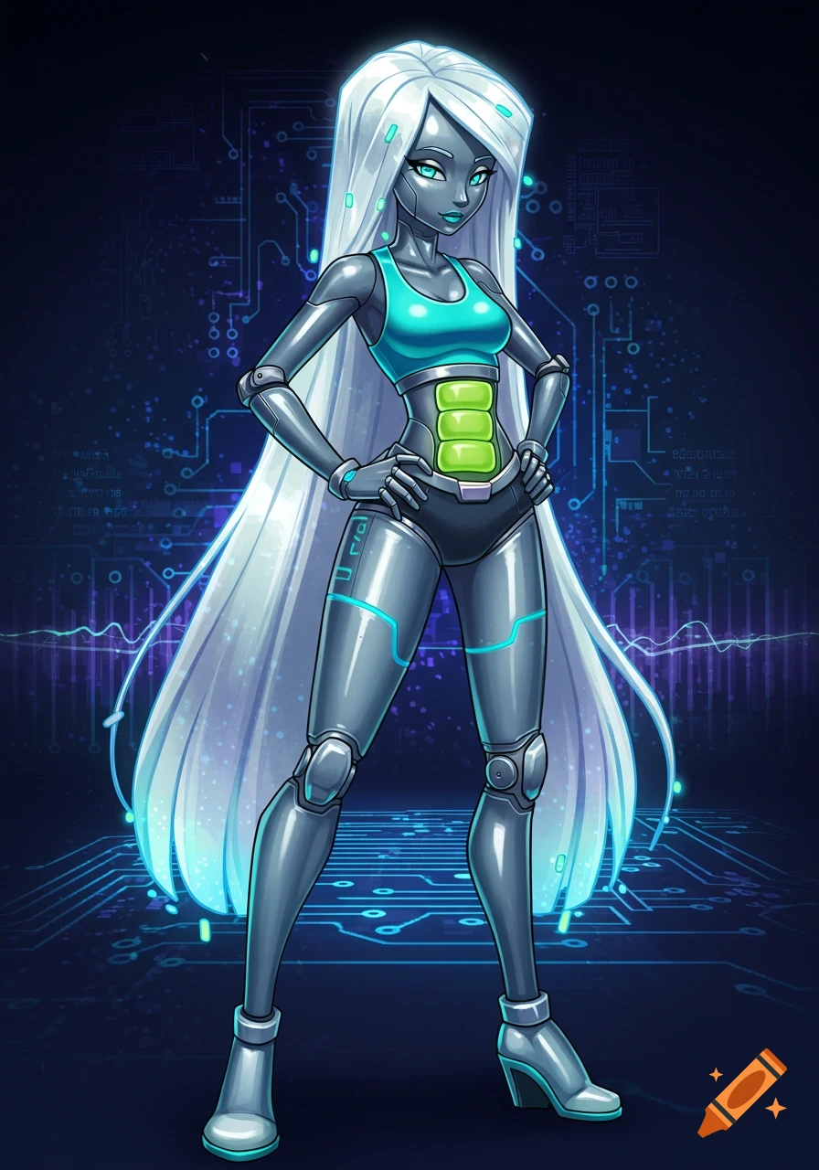 A stylized robot woman with long white hair, grey metallic skin, and glowing teal eyes. She wears a turquoise crop top and black shorts, with bright green battery cells visible on her abdomen. She stands confidently with hands on hips against a dark background with blue circuit board patterns.
