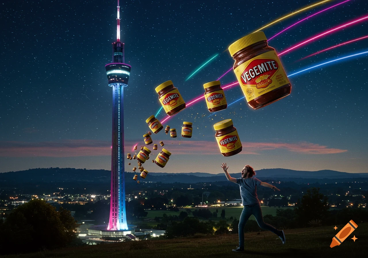 A person in a city at night reaches up as large Vegemite jars fly past a lit-up tower, leaving colorful light trails.