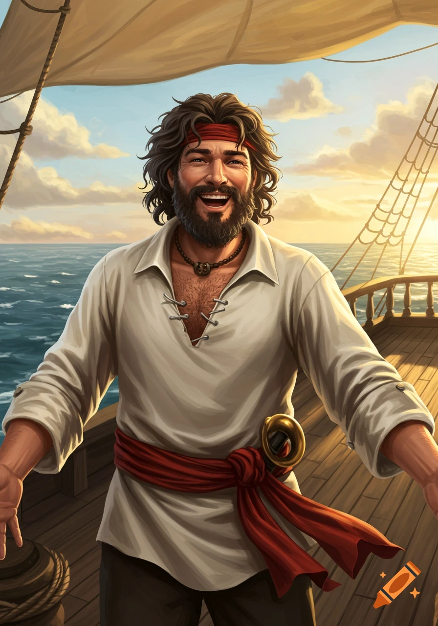 A happy, bearded man in a white pirate shirt and red sash stands on a ship's deck, smiling broadly at the viewer. The sun sets over the ocean.