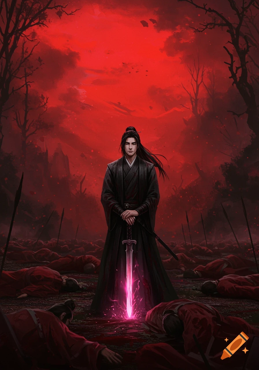 A long-haired man in black robes stands holding a glowing pink sword, surrounded by fallen bodies in a red-skied, dark forest.