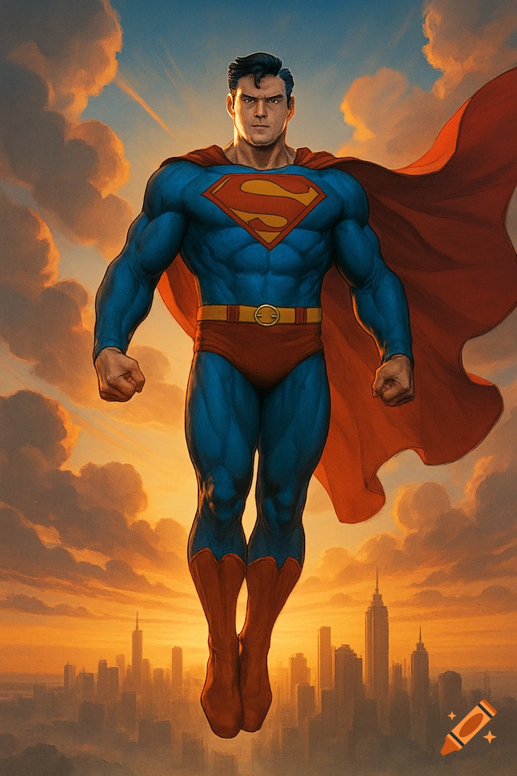 Superman in flight over a city skyline at sunset, rendered in a comic book art style.