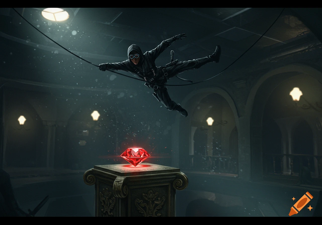 A masked thief in a black suit rappels down a cable towards a glowing red ruby on a pedestal in a dark, grand hall. Digital illustration.
