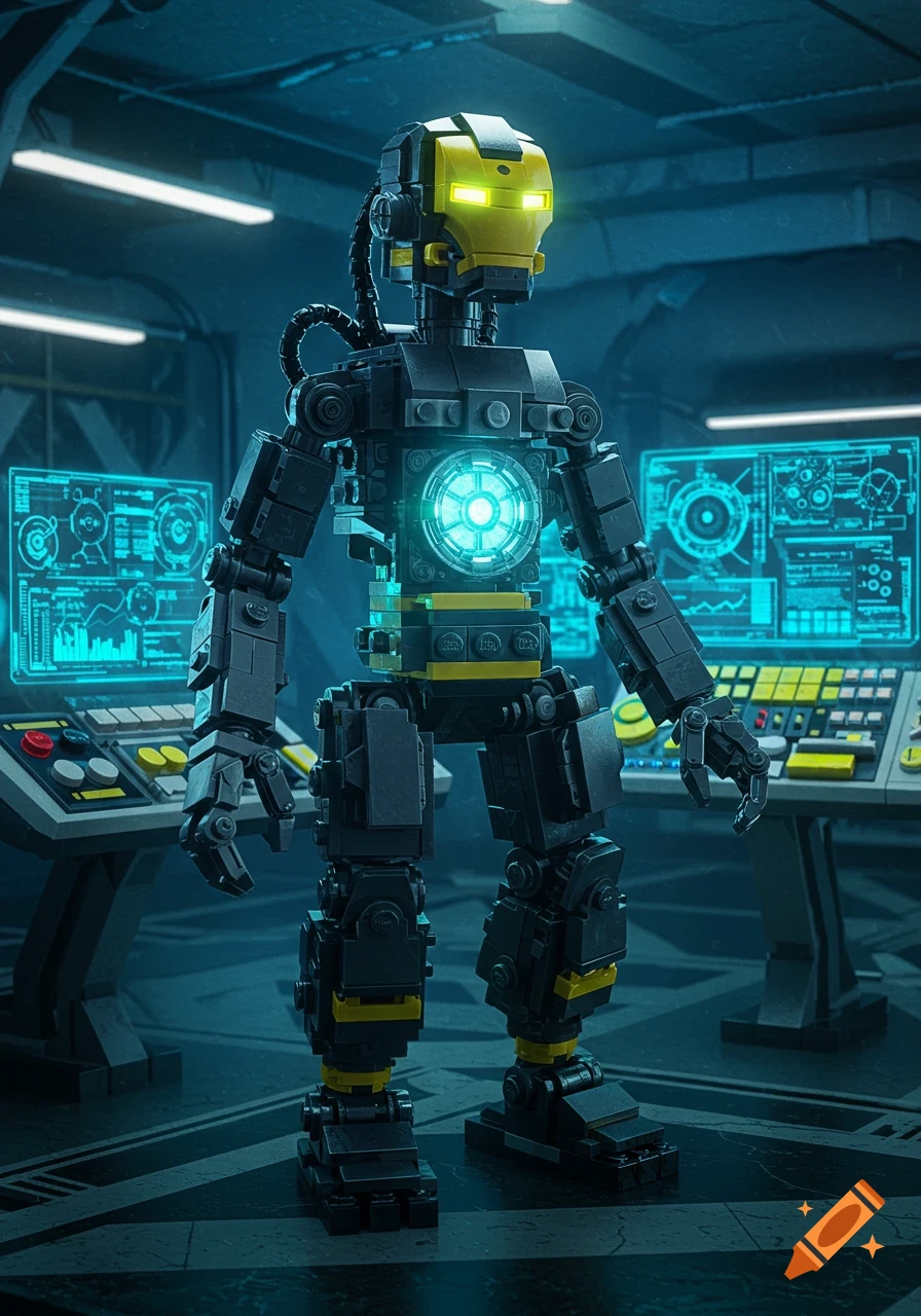 A Lego robot, reminiscent of Iron Man, with glowing yellow eyes and a blue arc reactor, stands in a dark, sci-fi lab.