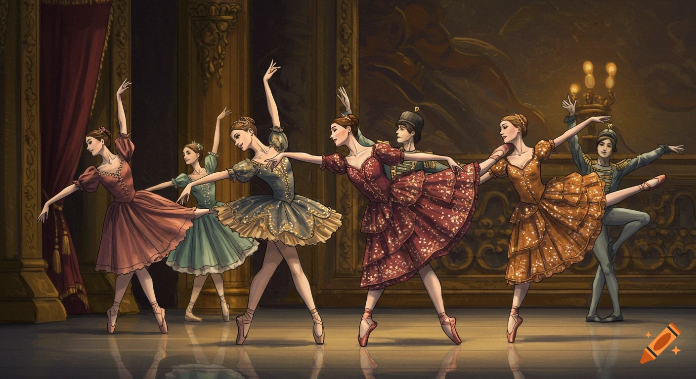 An illustration of several ballet dancers in colorful period costumes performing on a stage, some on pointe.