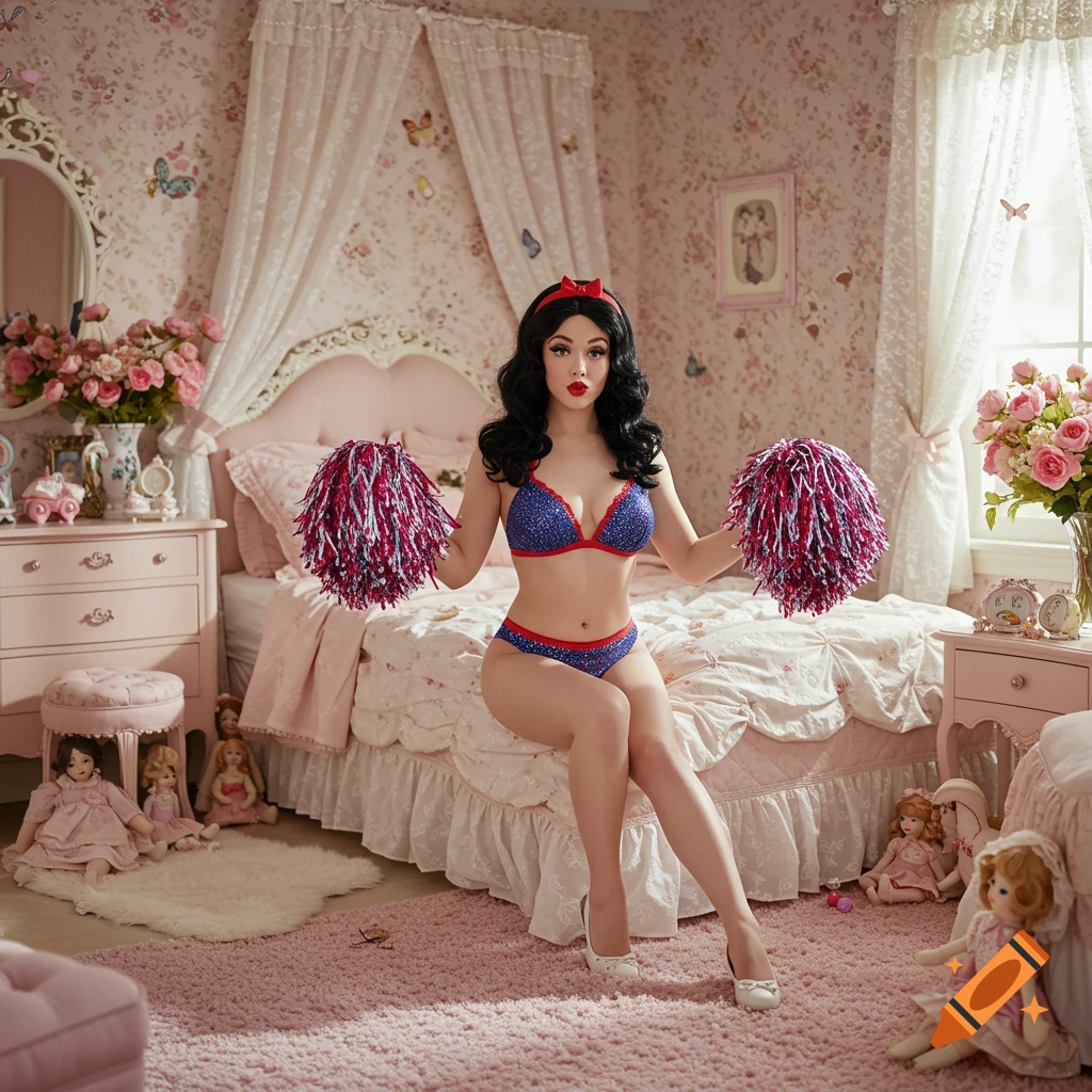 Photorealistic image of a woman dressed as Snow White in a bikini with pom poms, sitting on a bed in a pink, ornate bedroom surrounded by dolls.