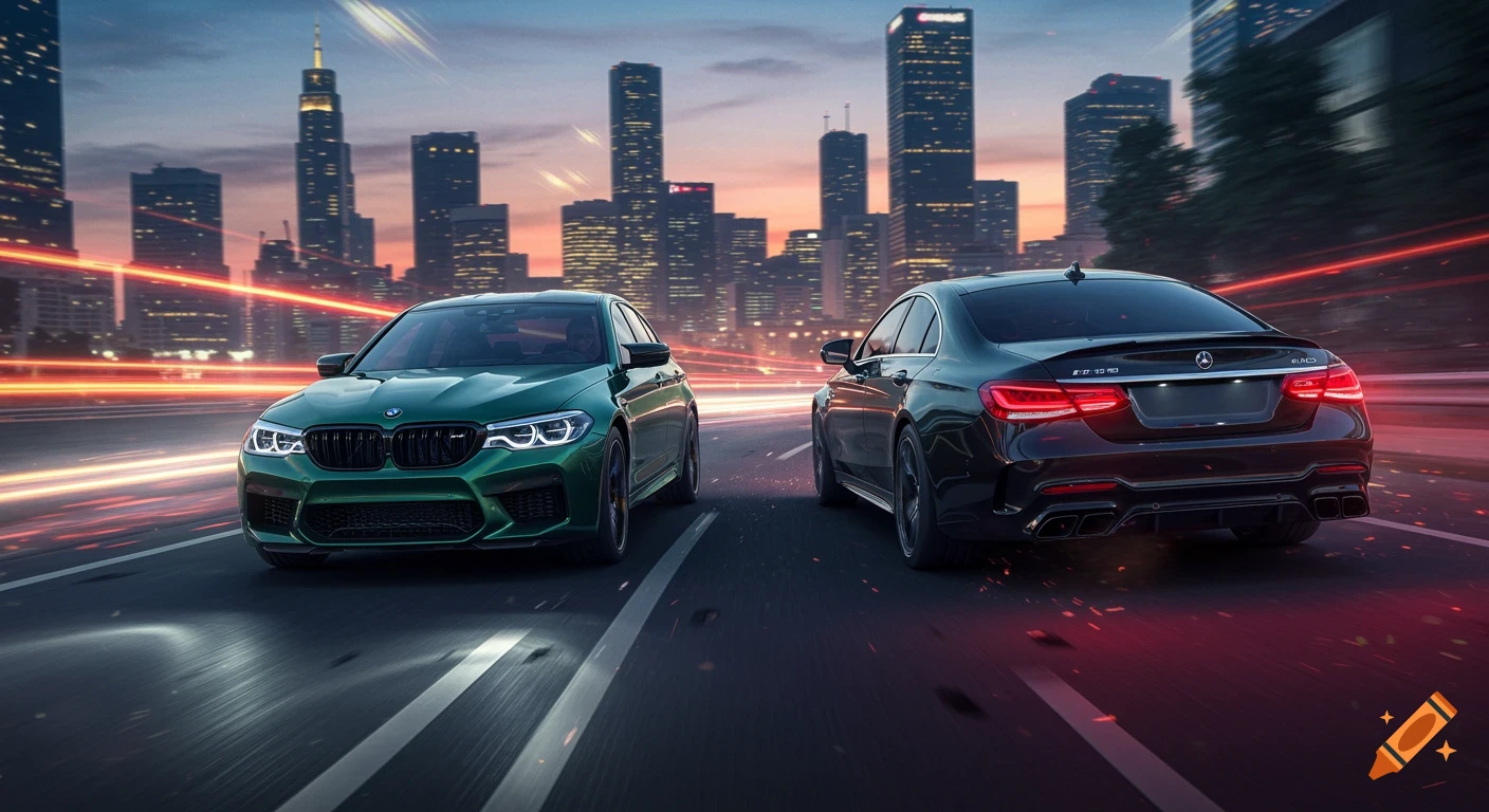 A green BMW M5 and a dark Mercedes-Benz CLS 63 S speed down a city highway at dusk, with light trails.