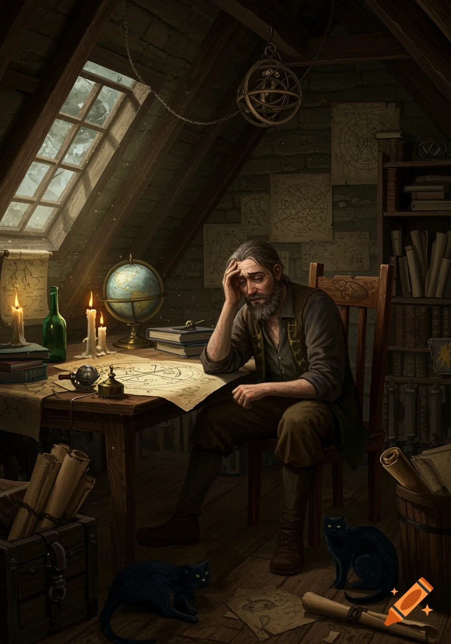 A melancholic astrologer sits at a desk covered with maps, a globe, and candles, in a dimly lit attic room with two black cats.