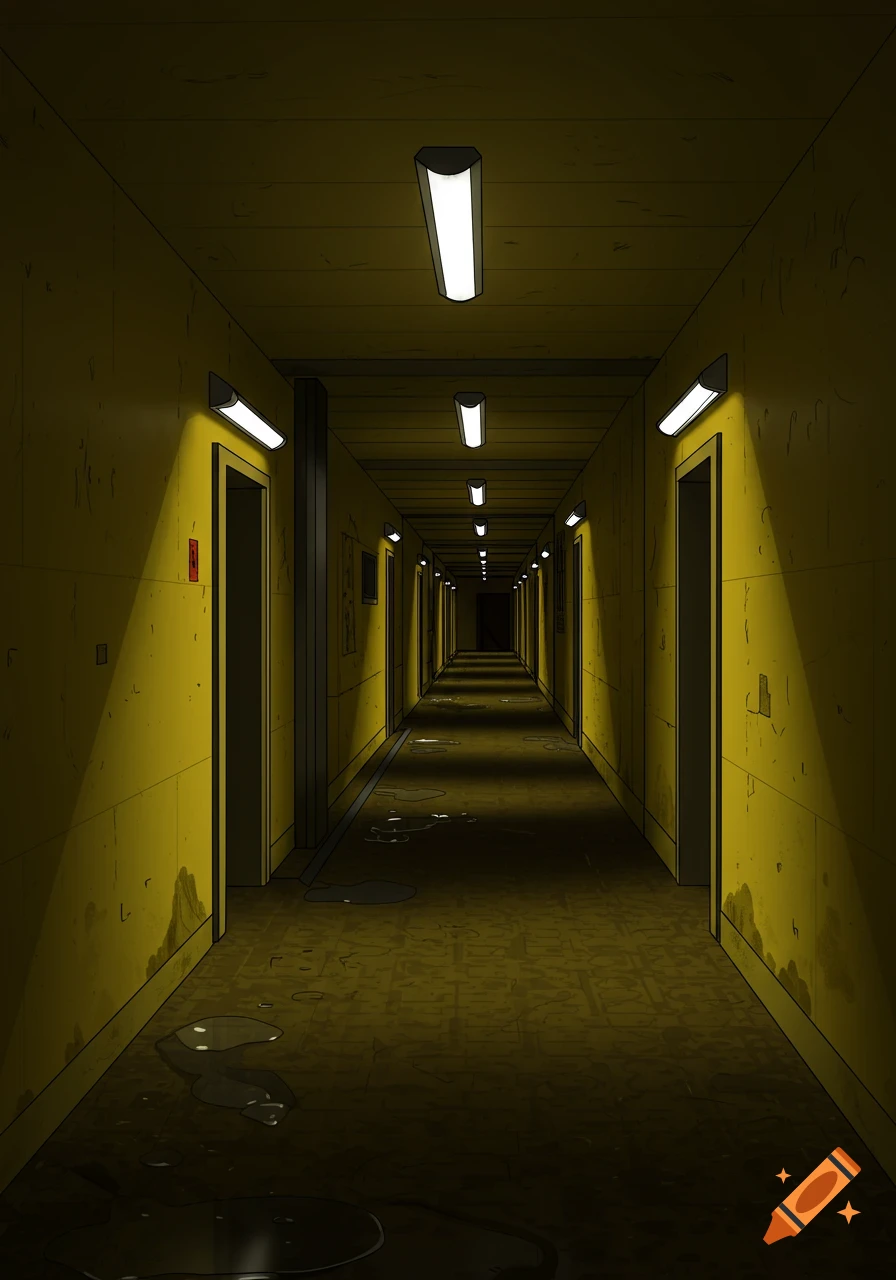 A long, dimly lit, yellow hallway with fluorescent lights and puddles on the floor in a stylized drawing.