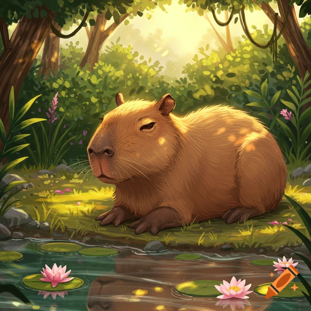 An illustrated capybara rests by a pond with pink water lilies in a sun-dappled forest.