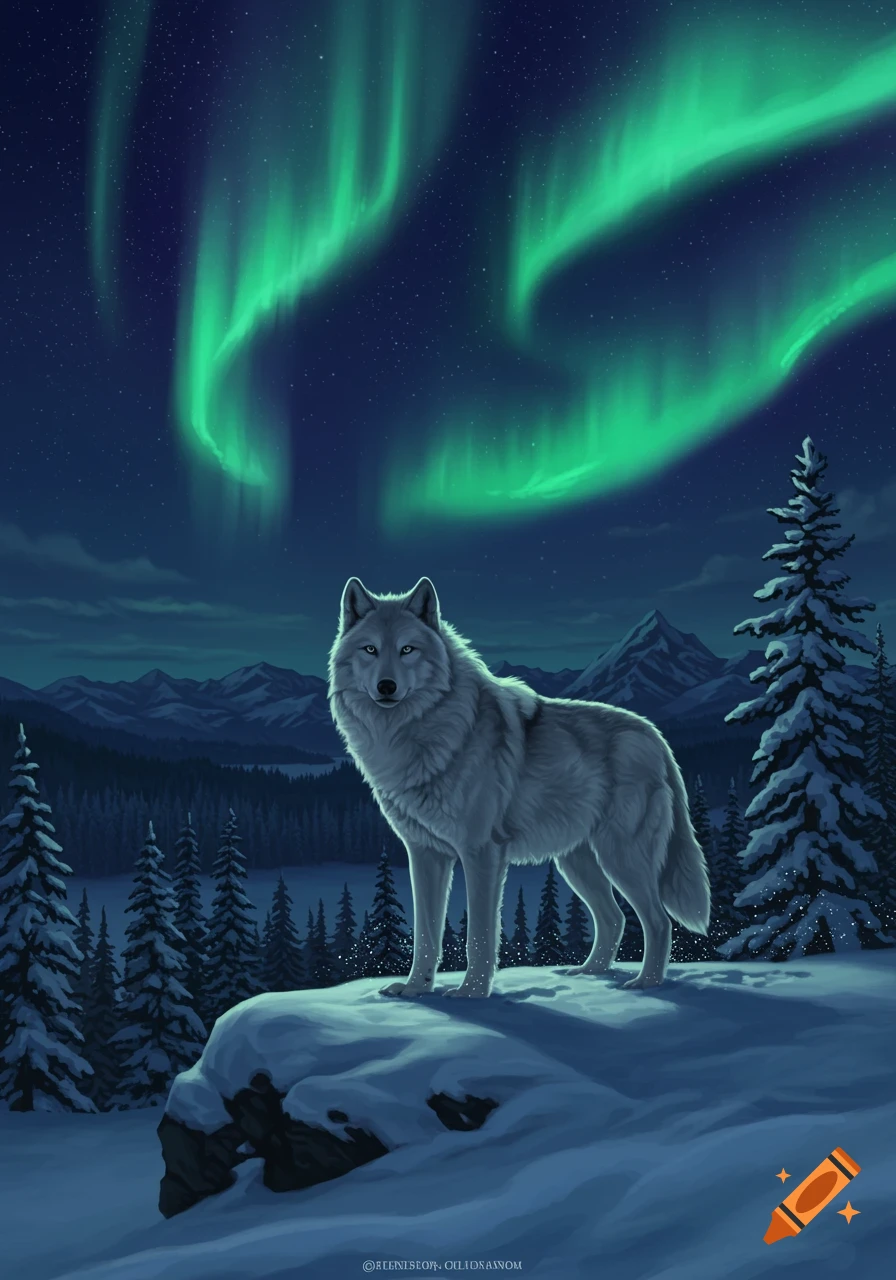 A white wolf stands on a snow-covered hill under a starry sky with vibrant green aurora borealis and snow-dusted pine trees.