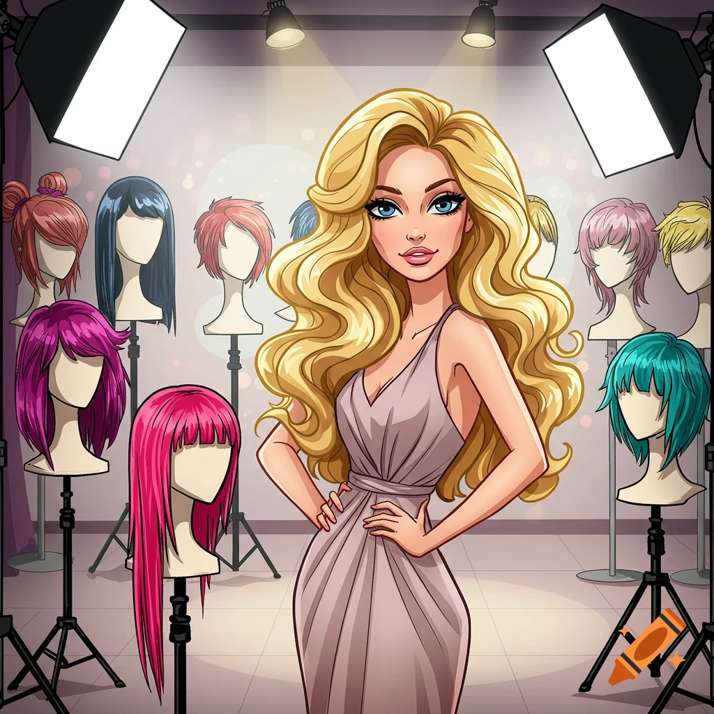 A glamorous cartoon blonde model poses in a photoshoot studio surrounded by colorful wigs on stands.