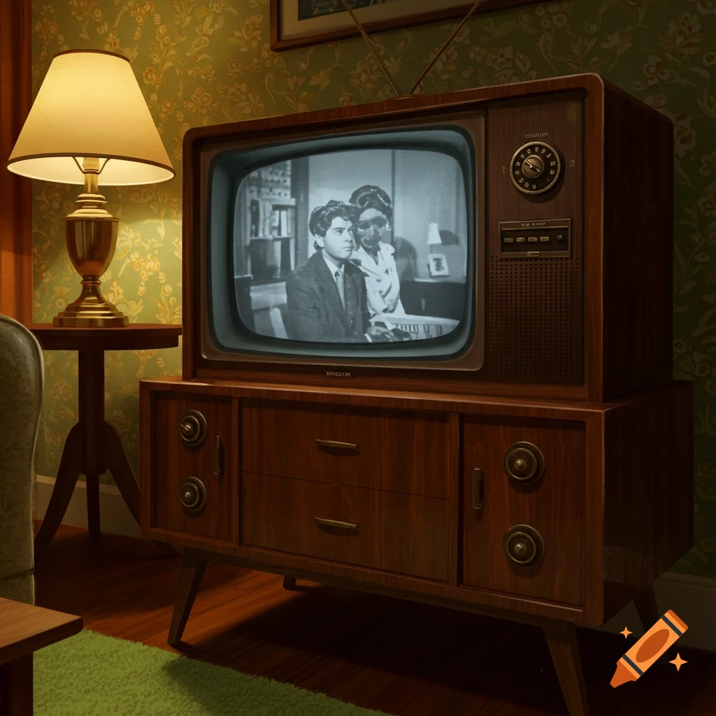 A vintage console television sits on a wooden stand in a retro-styled room, displaying a black and white movie scene.