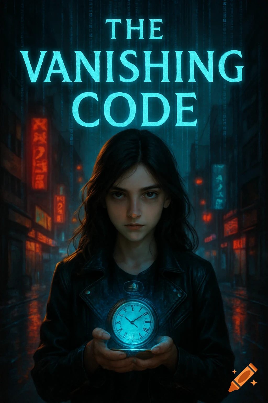 A teenage girl with dark hair and a leather jacket holds a glowing pocket watch in a dark, neon-lit cyberpunk city. The text 'THE VANISHING CODE' is at the top.