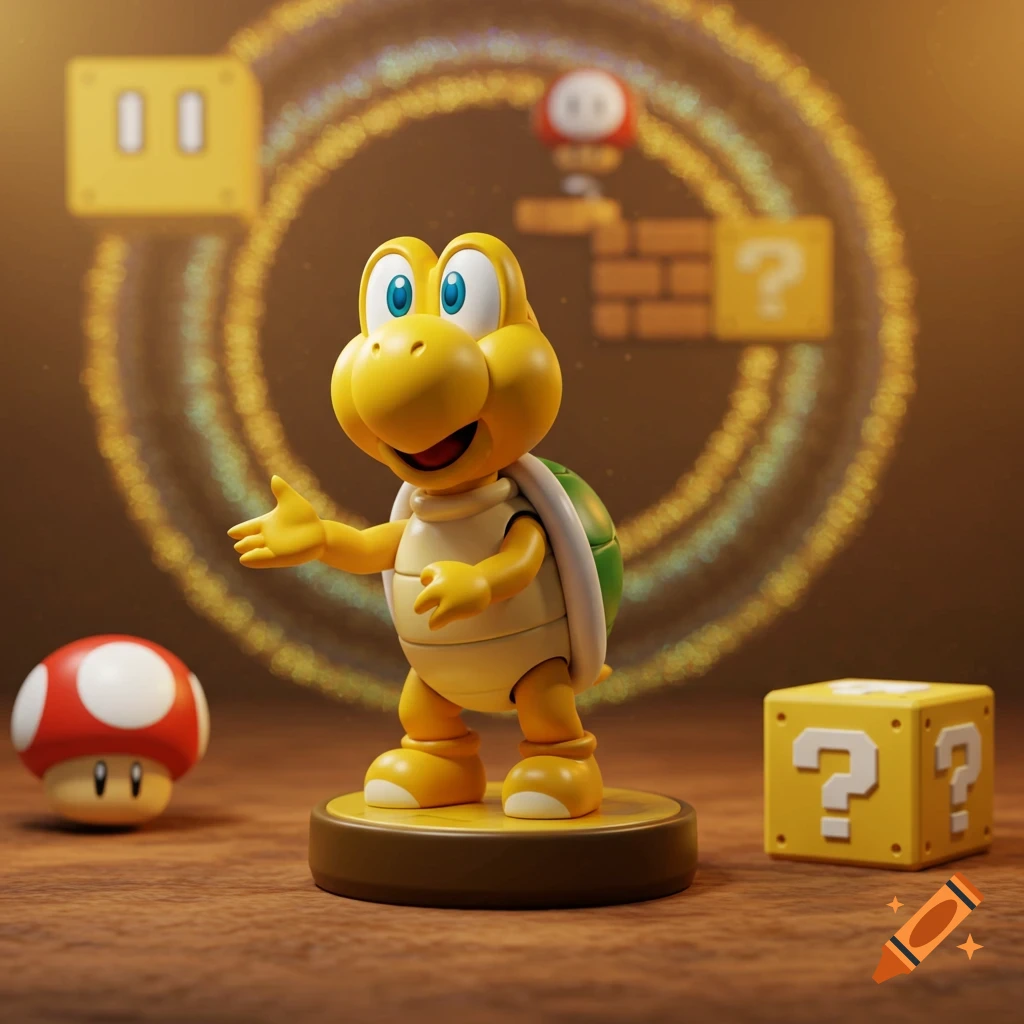 A Koopa Troopa amiibo figurine stands on a wooden surface, with a Super Mushroom and a question block beside it. Background features glowing circles and blurred Mario game elements.