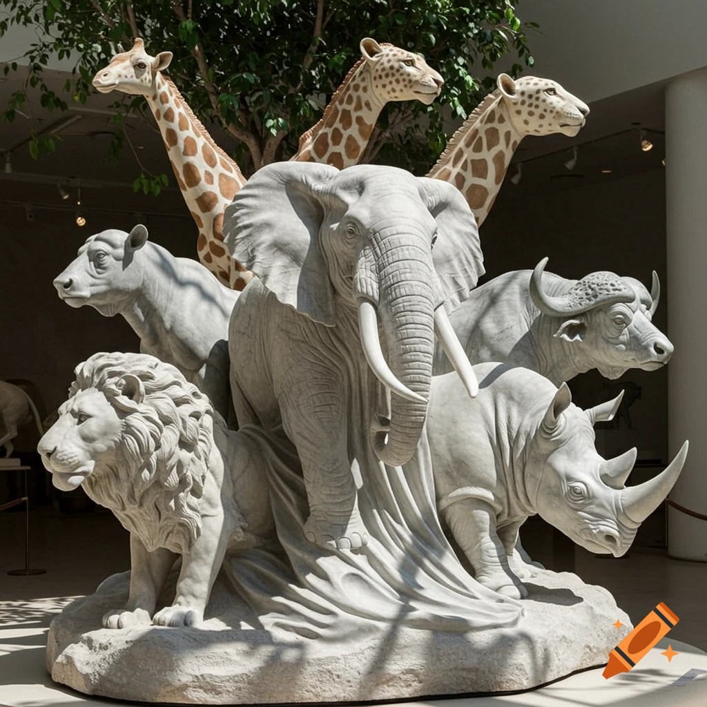 A realistic marble statue depicting an elephant, lion, rhino, buffalo, and giraffes, set in a bright, museum-like environment.