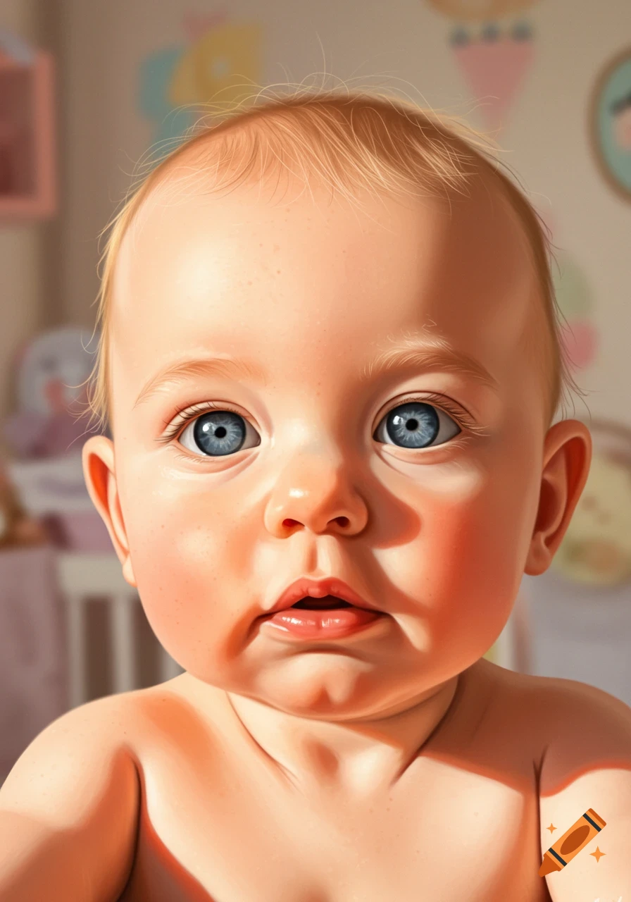 A close-up portrait of a baby with big blue eyes and blonde hair.