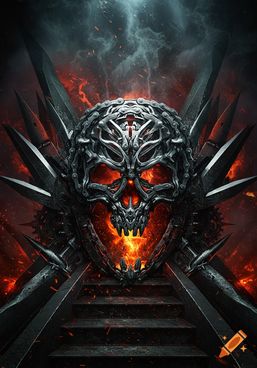 A dark, intense image of a skull made of metallic chains with fiery eyes and mouth, surrounded by flames and sharp spikes.