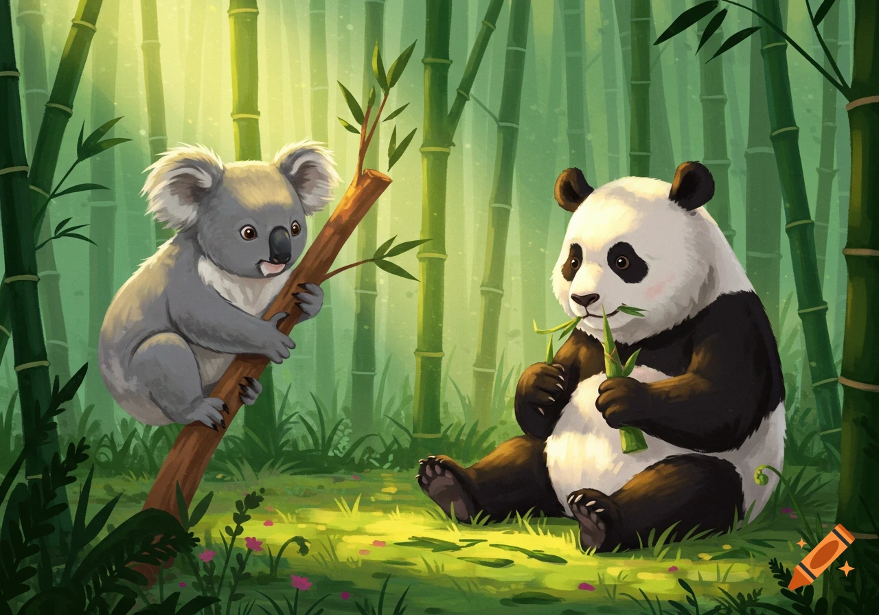 A cartoon koala holds a bamboo branch next to a panda eating bamboo shoots in a vibrant green bamboo forest.
