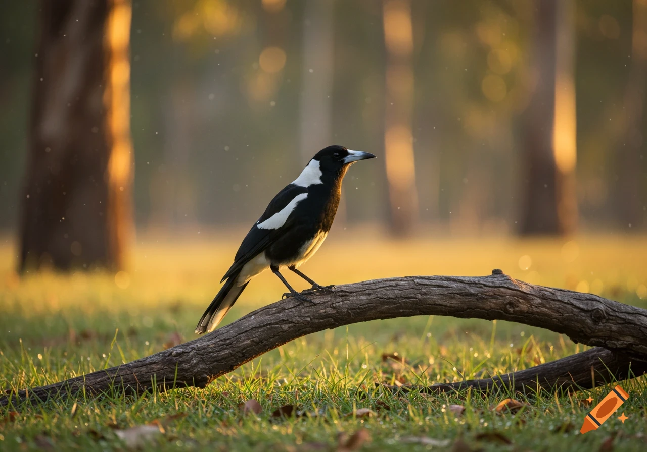 A black and white magpie perched on a fallen branch in a golden, sunlit field with trees in the background.