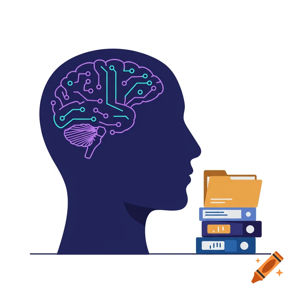 A dark blue silhouette of a human head with a neon circuit board brain, alongside a stack of folders and binders in a stylized illustration.