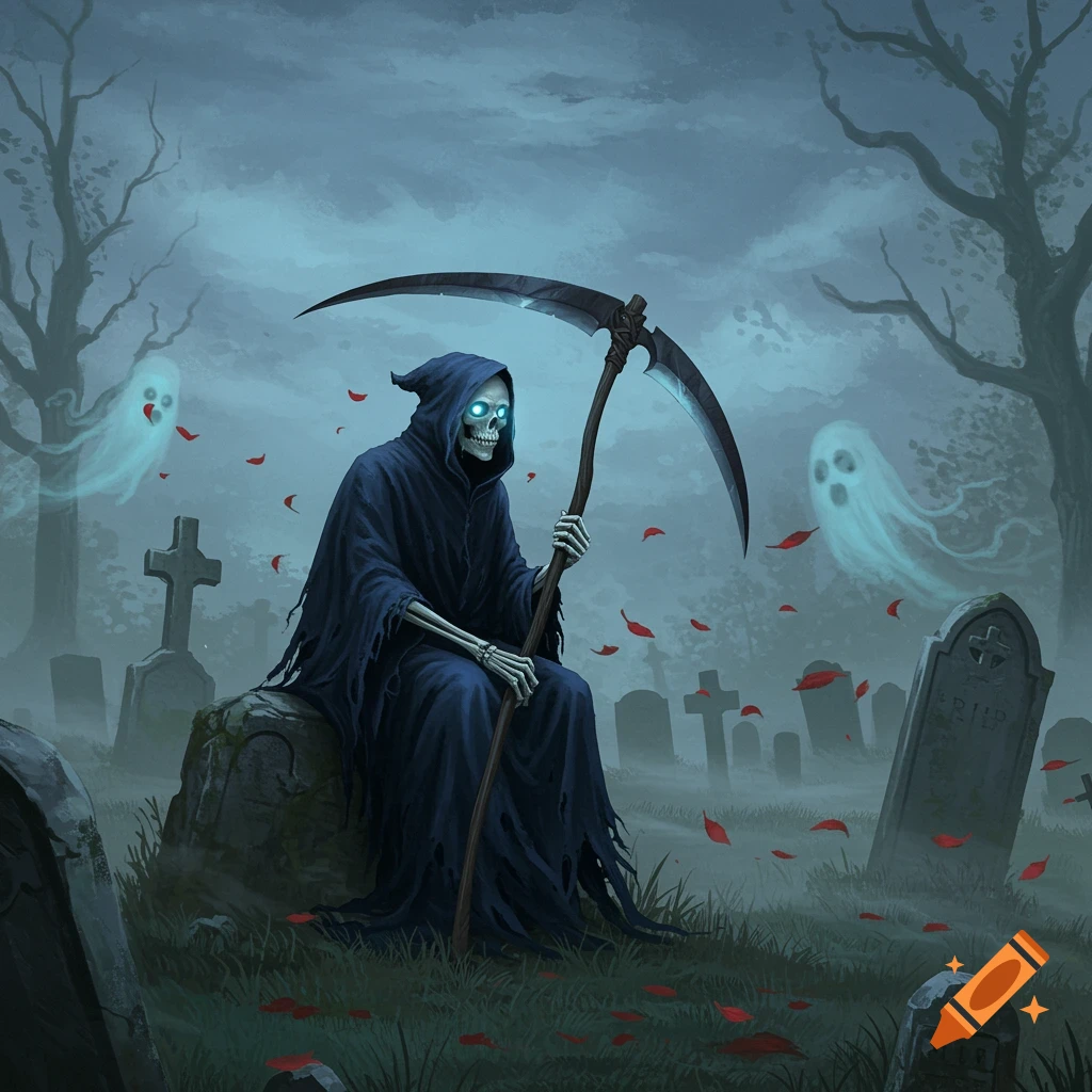 A somber Grim Reaper with glowing blue eyes sits on a tombstone in a foggy graveyard with ghosts.