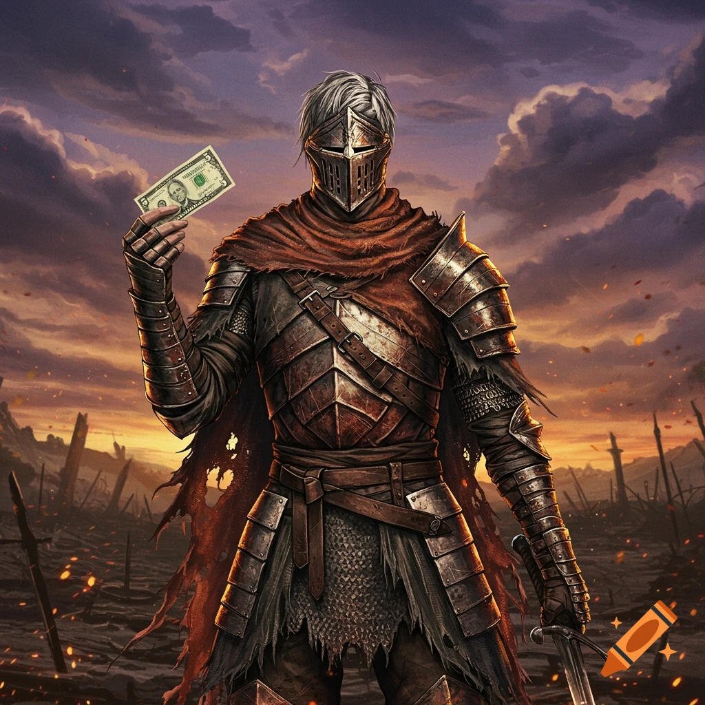 A knight in worn armor stands on a desolate battlefield at sunset, holding up a five-dollar bill.