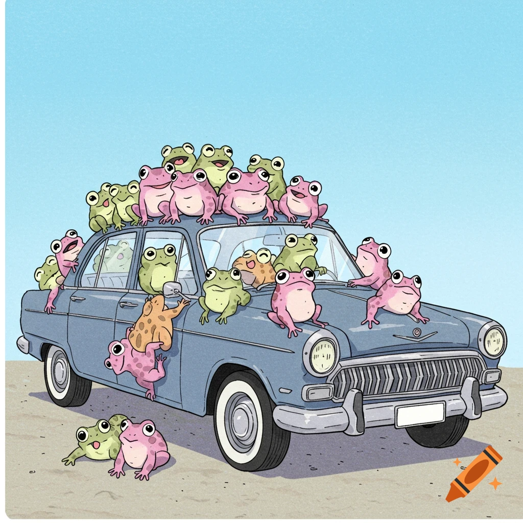 Whimsical illustration of numerous cartoon frogs covering a blue sedan car parked on dirt.