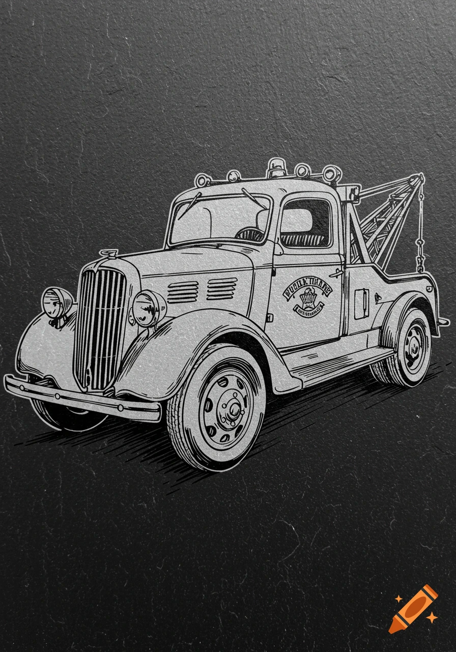 A black and white sketch of an old-fashioned tow truck on a dark, textured background.