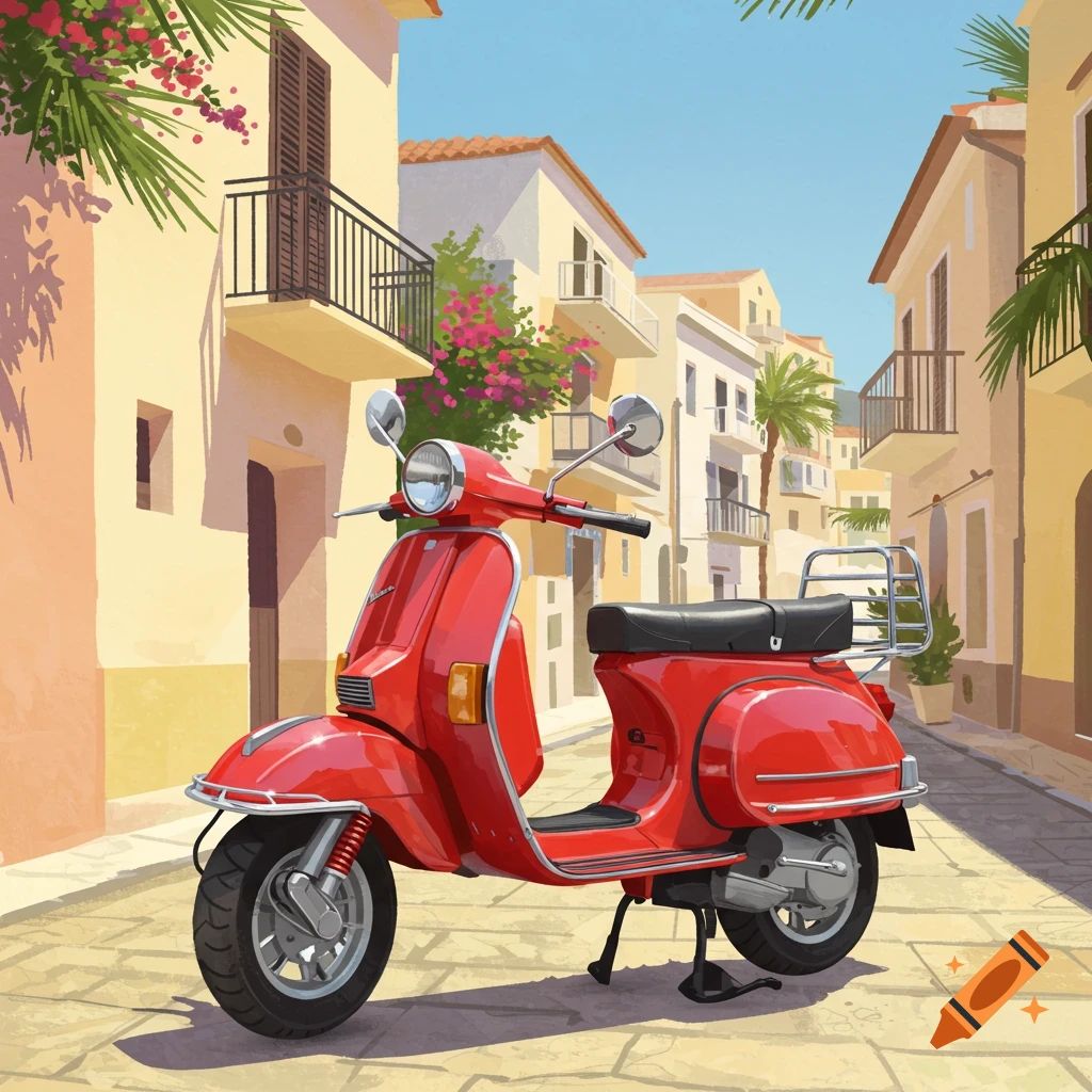 A vibrant red scooter parked on a sunlit cobblestone street in a charming Mediterranean town, digital illustration.