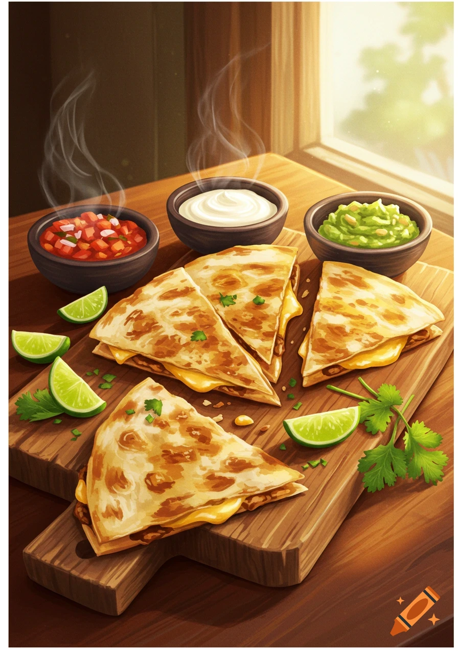 Quesadillas with salsa, guacamole, sour cream, limes, and cilantro on a wooden board by a window.