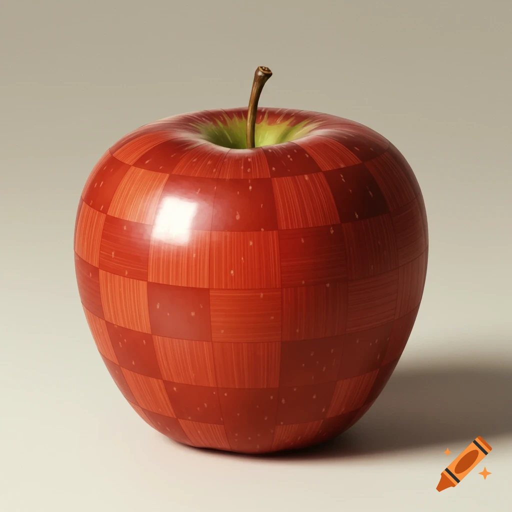 A close-up of a red apple with a checkerboard pattern of alternating vertical and horizontal textures on its skin.
