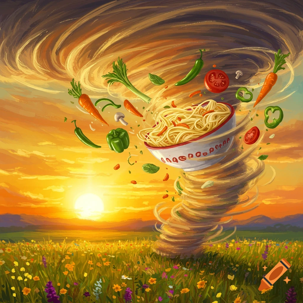 A vibrant illustration of a ramen noodle bowl and various vegetables caught in a swirling tornado over a sunlit wildflower field at sunset.