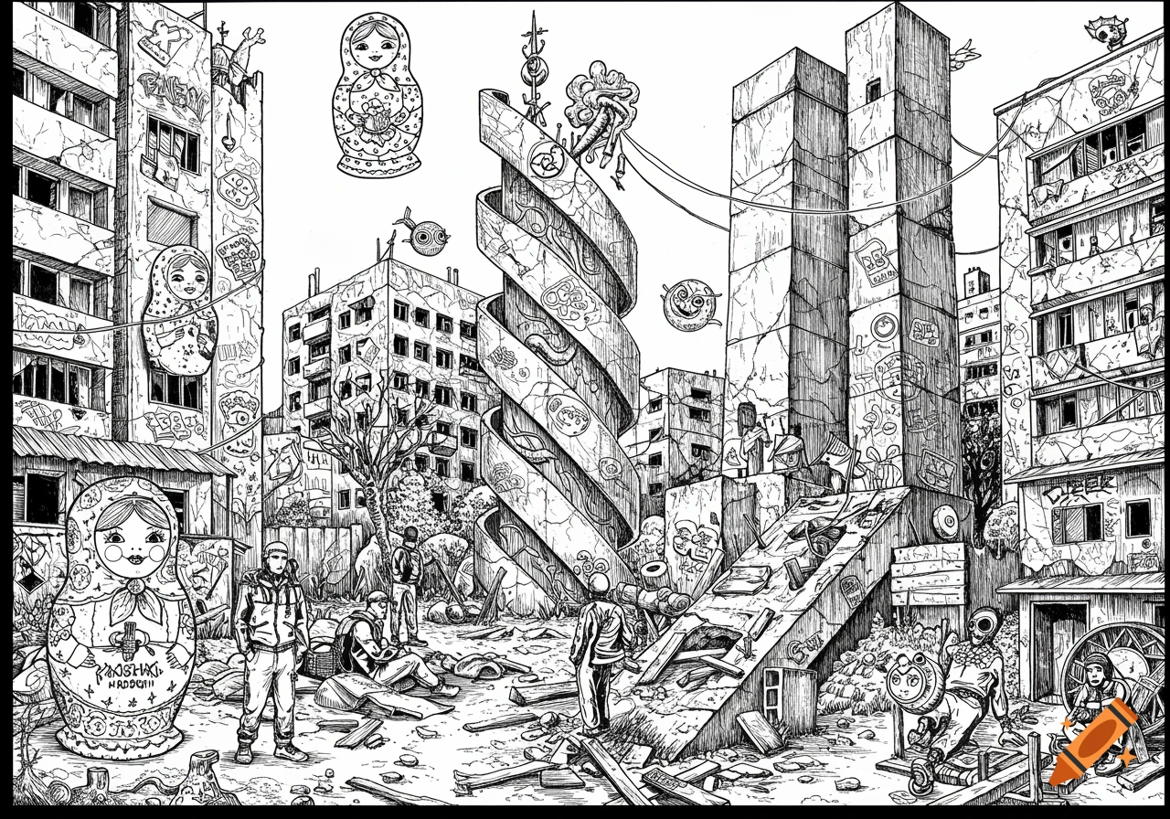 A detailed black-and-white ink illustration depicts a surreal, decaying post-Soviet urban landscape with ruined buildings, a giant spiral structure, and figures in gopnik style amidst rubble, with large Matryoshka dolls placed around the scene.