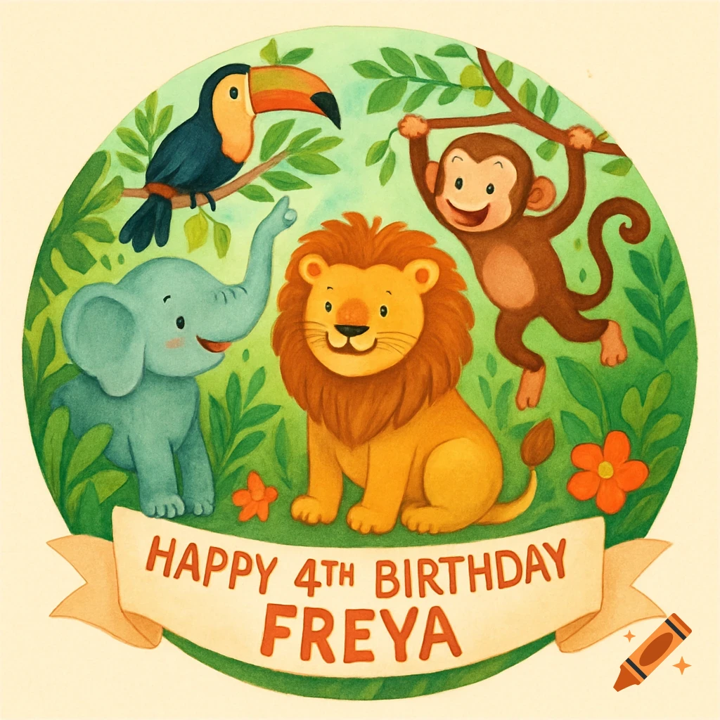 A cartoon jungle scene with an elephant, lion, toucan, and monkey, and a banner reading 'Happy 4th Birthday Freya'.